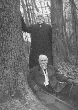 These distinguished leaders of the church at the Cathedral's inception are beside one of the great white oaks felled near Bryn Athyn for the roof trusses. Standing is Bishop William Frederic Pendleton, first executive of the General Church and developer of the ritual embodied in the form of the church. Seated before him is John Pitcairn, Scottish immigrant and industrialist, whose generous gifts were instrumental in the founding of Bryn Athyn and the Academy, and permitted the unique methods by which the Cathedral was built.