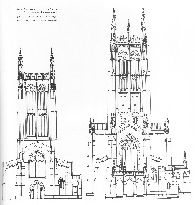 Line drawings of the west facade reveal the increased dignity and strength of proportion through developmental changes in design.